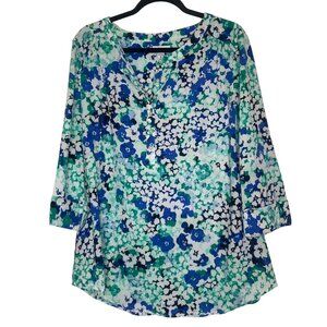 Croft & Barrow Blouse Womens XL Floral Green Blue 3/4 Sleeves Casual Flowy